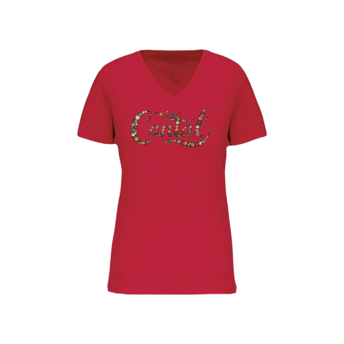 Cantal Shop | TEE SHIRT COL V CANTAL FLEURI ROUGE