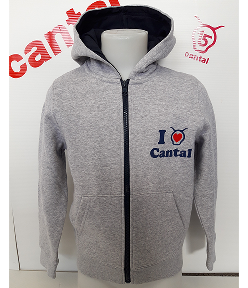 Cantal Shop | SWEAT ENFANT ZIPPÉ À CAPUCHE GRIS CHINÉ I LOVE CANTAL
